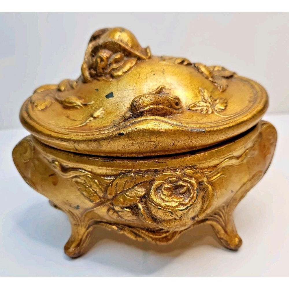 Rogers Art Nouveau Gold Tone Jewelry Casket Trinket Box Floral 66 Vintage 6x4x3